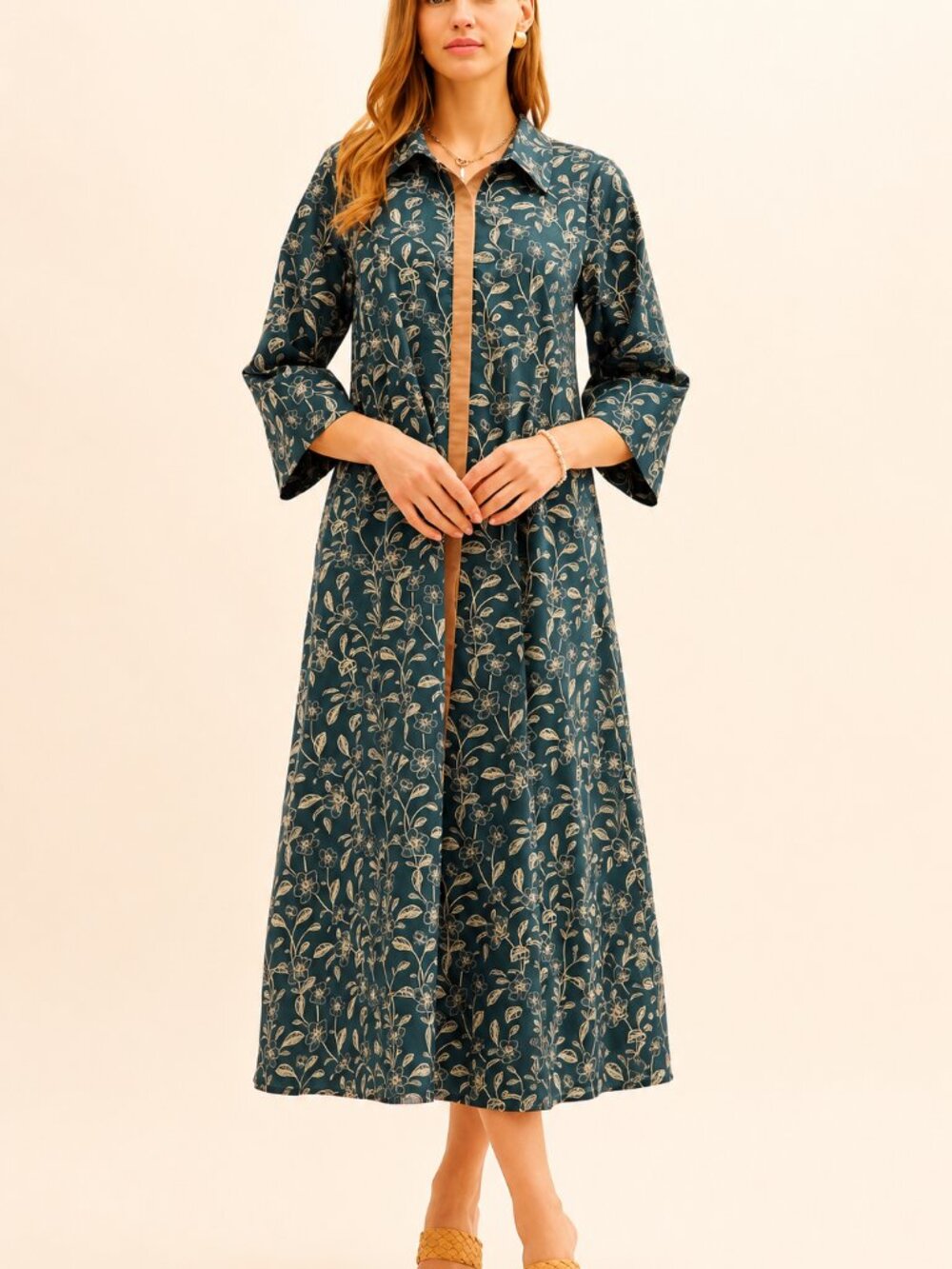 Entro Navy Botanical Midi Shirt Dress NWT Cottagecore L